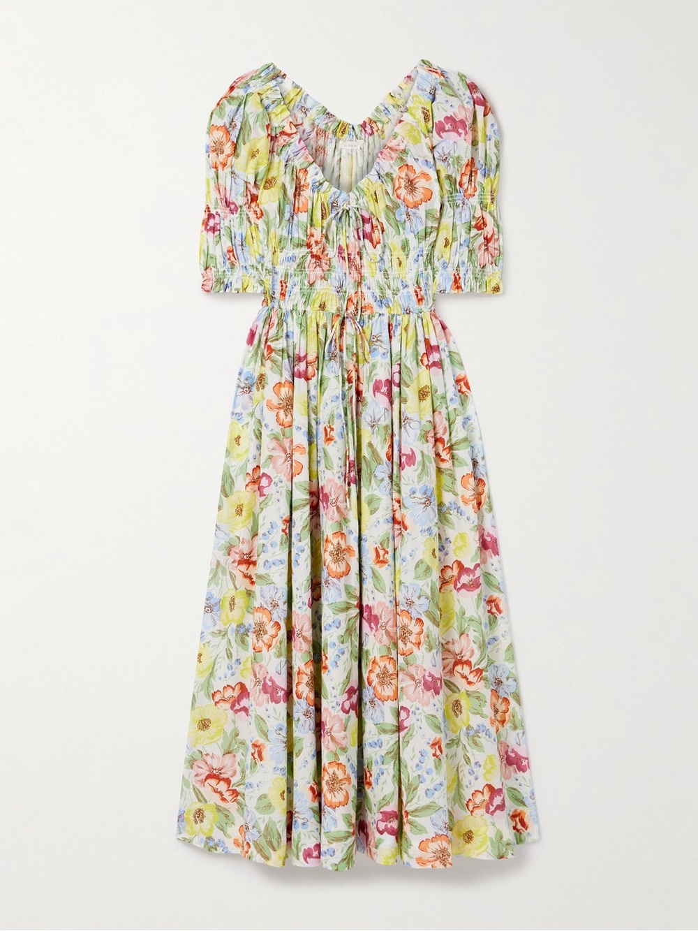 DÔEN
Ischia shirred floral-print cotton-voile midi dress
